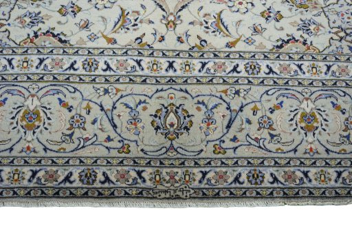Full view of 2000s Kashan rug from Iran / Persia, 405 × 288 cm in Beige tones