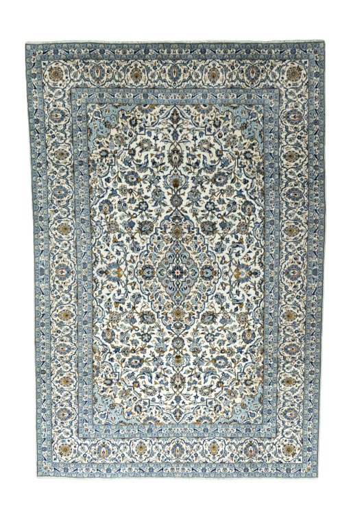 Full view of 2000s Kashan rug from Iran / Persia, 359 × 242 cm in Beige tones
