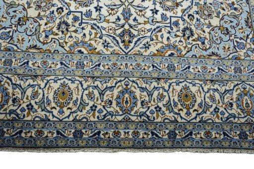 Full view of 2000s Kashan rug from Iran / Persia, 359 × 242 cm in Beige tones