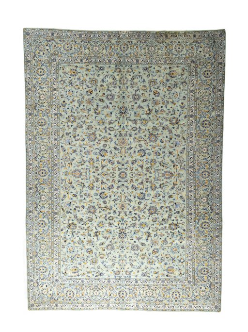 Full view of 2000s Kashan rug from Iran / Persia, 387 × 275 cm in Green tones