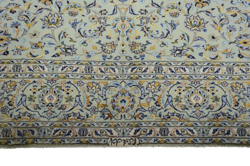 Full view of 2000s Kashan rug from Iran / Persia, 387 × 275 cm in Green tones