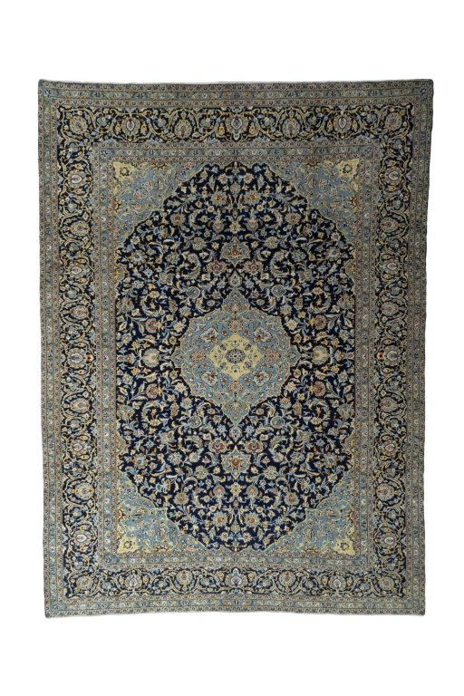 Full view of 2000s Kashan rug from Iran / Persia, 407 × 298 cm in Blue tones