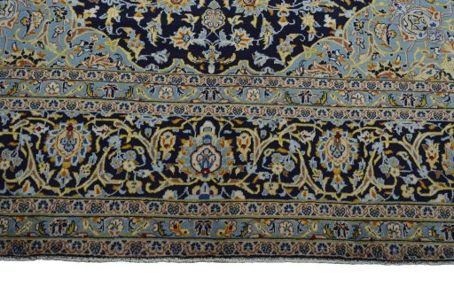 Full view of 2000s Kashan rug from Iran / Persia, 407 × 298 cm in Blue tones