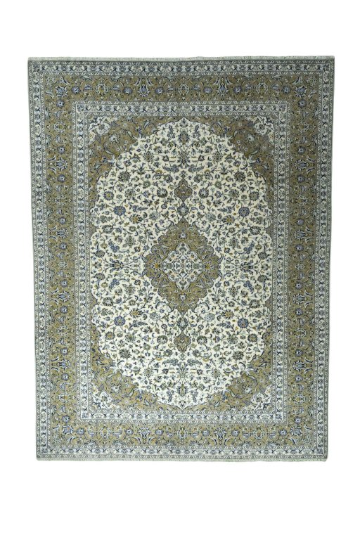 Full view of 2000s Kashan rug from Iran / Persia, 395 × 295 cm in Beige tones