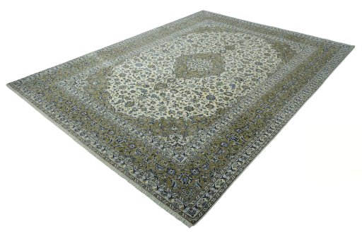 Corner detail of 2000s Kashan rug showing border pattern and Wool pile