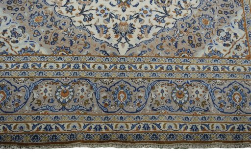 Full view of 2000s Kashan rug from Iran / Persia, 357 × 243 cm in Beige tones