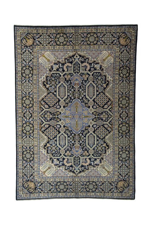 Full view of 2000s Kashan rug from Iran / Persia, 410 × 287 cm in Blue tones