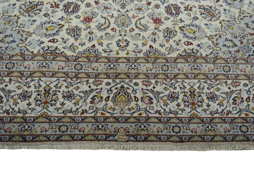 Full view of 2000s Kashan rug from Iran / Persia, 382 × 296 cm in Beige tones