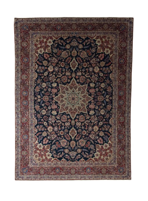 Full view of 1930s Kashan rug from Iran / Persia, 440 × 316 cm in Blue tones