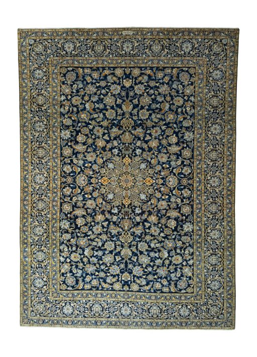 Full view of 2000s Kashan rug from Iran / Persia, 385 × 277 cm in Blue tones