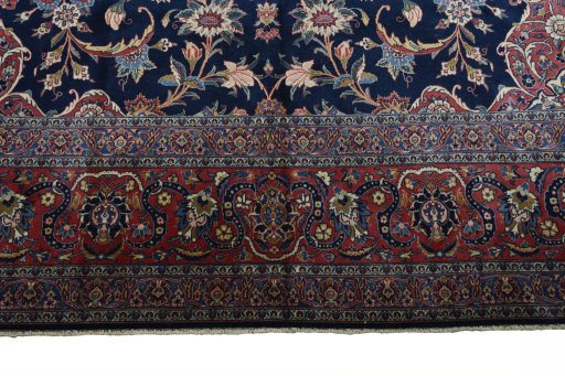 Full view of 1930s Kashan rug from Iran / Persia, 433 × 320 cm in Blue tones