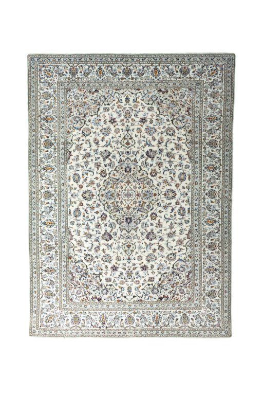 Full view of 2000s Kashan rug from Iran / Persia, 335 × 241 cm in Beige tones