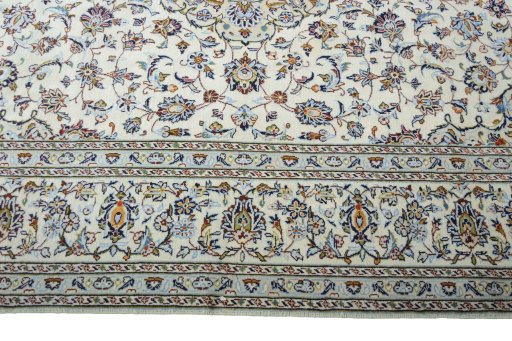 Full view of 2000s Kashan rug from Iran / Persia, 335 × 241 cm in Beige tones