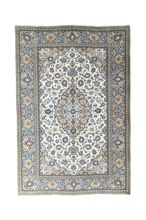 Full view of 2000s Kashan rug from Iran / Persia, 294 × 198 cm in Beige tones