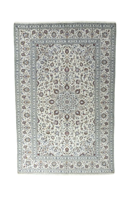 Full view of 2000s Kashan rug from Iran / Persia, 354 × 234 cm in Beige tones