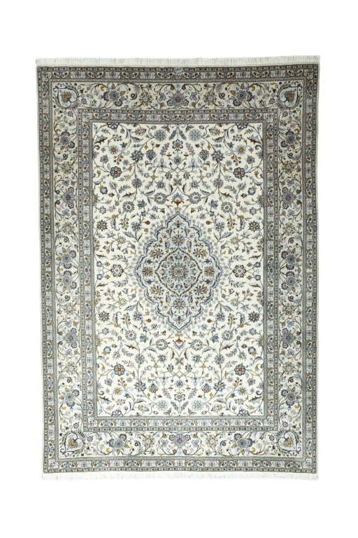 Full view of New Kashan rug from Iran / Persia, 296 × 205 cm in Beige tones