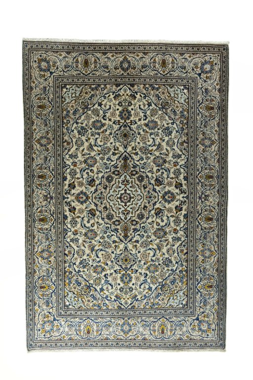 Full view of 2000s Kashan rug from Iran / Persia, 293 × 196 cm in Beige tones