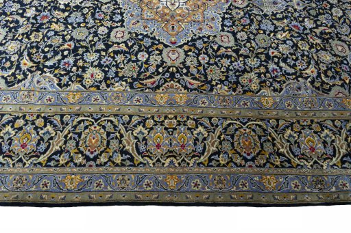 Full view of New Kashan rug from Iran / Persia, 352 × 260 cm in Blue tones