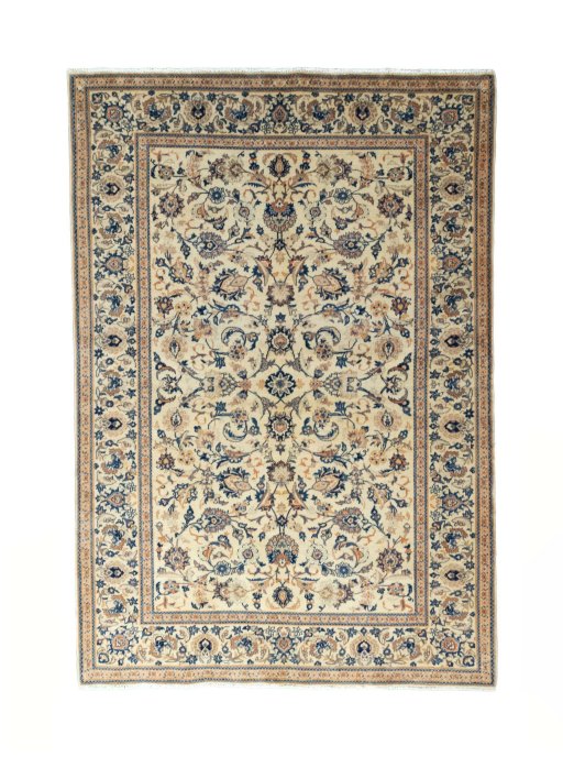 Full view of 1970s Kashan rug from Iran / Persia, 202 × 137 cm in Beige tones