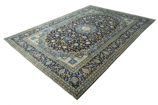 Corner detail of 2000s Kashan rug showing border pattern and Wool pile