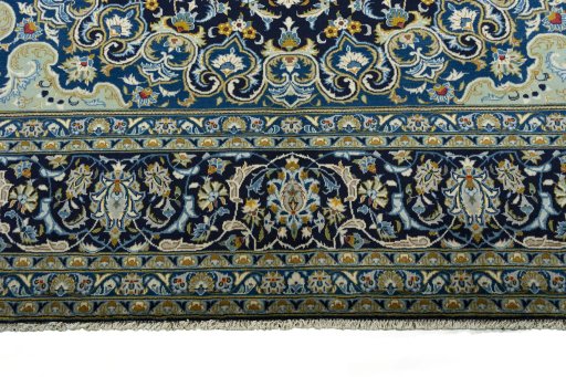 Full view of 2000s Kashan rug from Iran / Persia, 403 × 289 cm in Blue tones