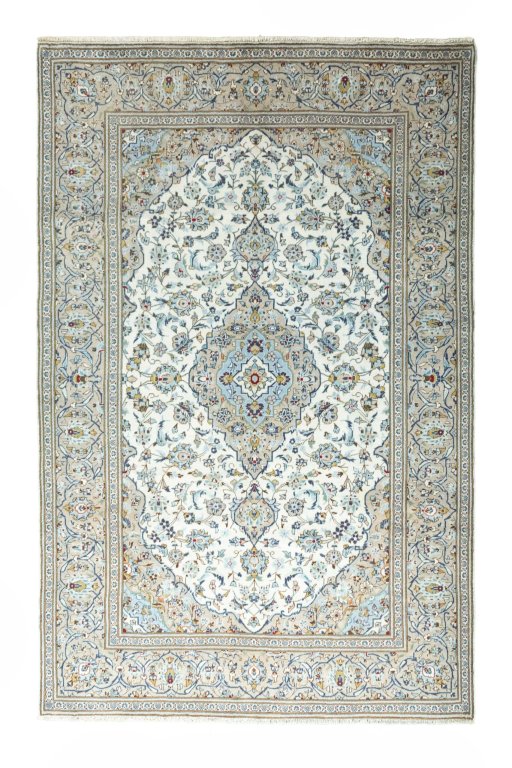Full view of 2000s Kashan rug from Iran / Persia, 300 × 196 cm in Beige tones