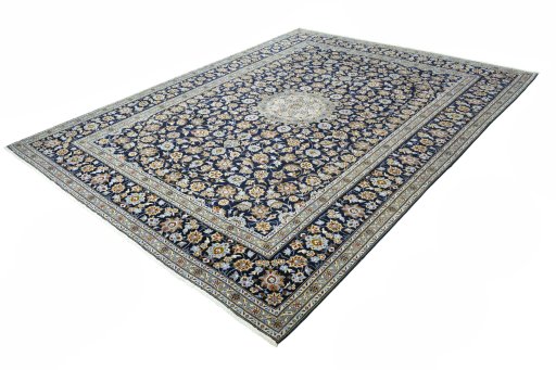 Corner detail of 2000s Kashan rug showing border pattern and Wool pile