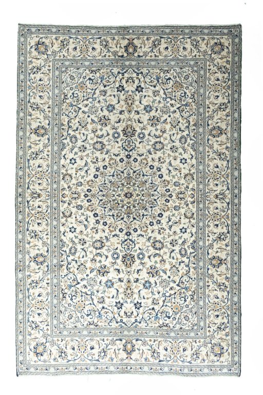Full view of 2000s Kashan rug from Iran / Persia, 305 × 194 cm in Beige tones