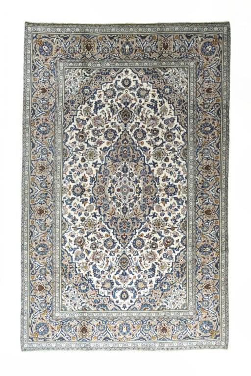 Full view of 2000s Kashan rug from Iran / Persia, 385 × 245 cm in Beige tones