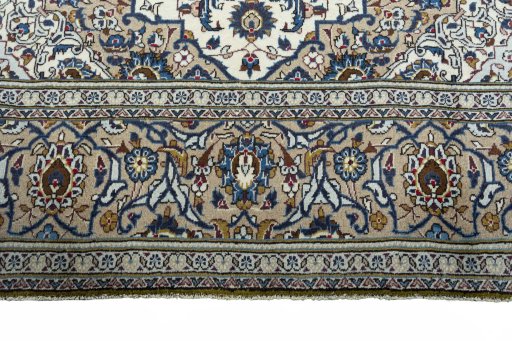 Full view of 2000s Kashan rug from Iran / Persia, 385 × 245 cm in Beige tones
