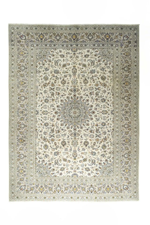 Full view of 2000s Kashan rug from Iran / Persia, 390 × 290 cm in Beige tones