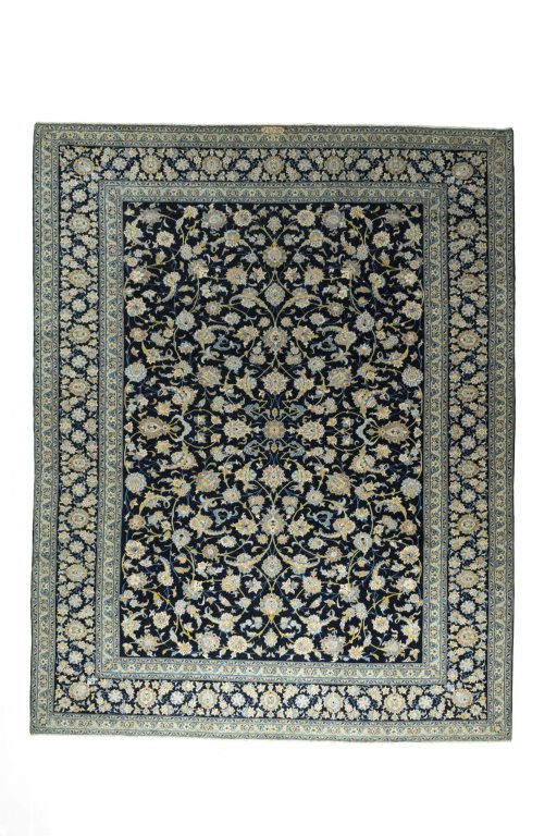 Full view of 2000s Kashan rug from Iran / Persia, 395 × 310 cm in Blue tones