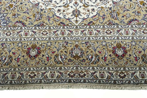 Full view of 2000s Kashan rug from Iran / Persia, 405 × 291 cm in Beige tones