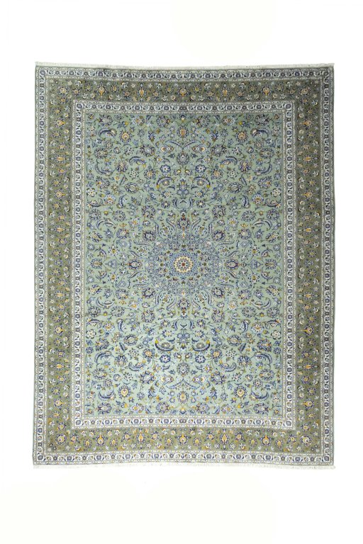 Full view of 2000s Kashan rug from Iran / Persia, 392 × 300 cm in Green tones