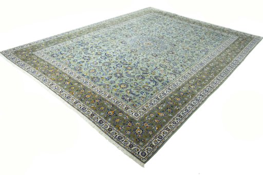 Corner detail of 2000s Kashan rug showing border pattern and Wool pile
