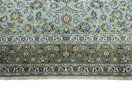 Full view of 2000s Kashan rug from Iran / Persia, 392 × 300 cm in Green tones