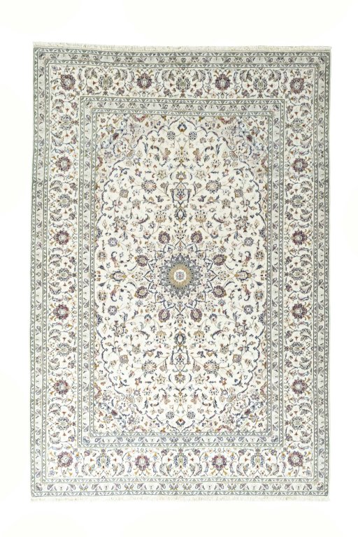 Full view of 2000s Kashan rug from Iran / Persia, 300 × 203 cm in Beige tones