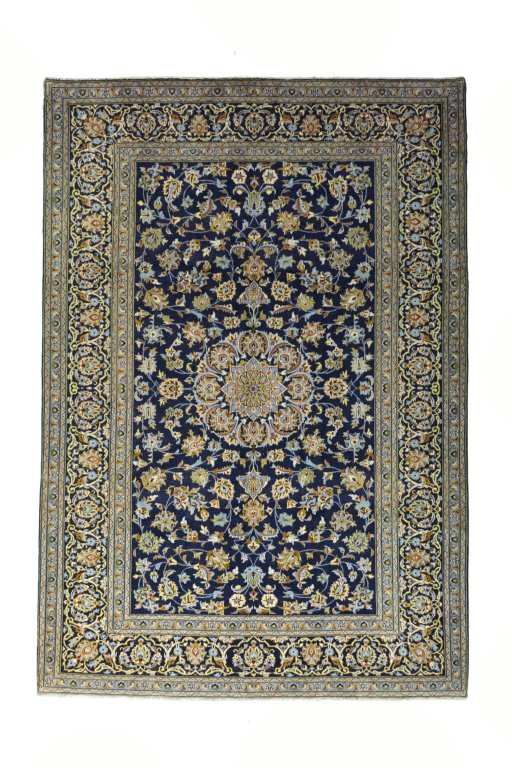 Full view of 2000s Kashan rug from Iran / Persia, 335 × 230 cm in Blue tones
