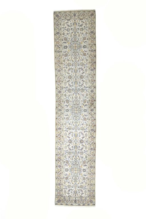 Full view of New Kashan rug from Iran / Persia, 430 × 90 cm in Beige tones