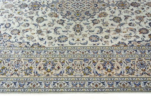 Full view of 2000s Kashan rug from Iran / Persia, 367 × 245 cm in Beige tones