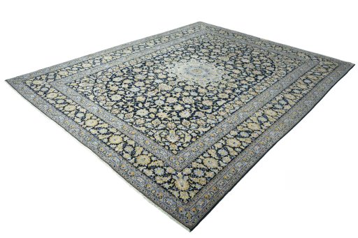 Corner detail of 2000s Kashan rug showing border pattern and Wool pile
