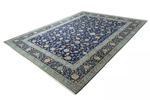 Corner detail of 2000s Kashan rug showing border pattern and Wool pile