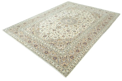 Corner detail of 2000s Kashan rug showing border pattern and Wool pile