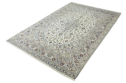Corner detail of New Kashan rug showing border pattern and Wool pile