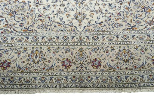 Full view of 2000s Kashan rug from Iran / Persia, 402 × 300 cm in Beige tones