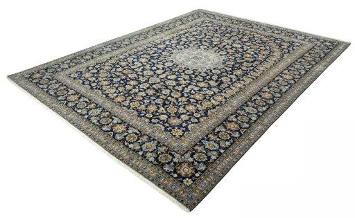 Corner detail of 2000s Kashan rug showing border pattern and Wool pile