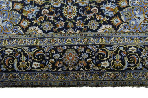 Full view of New Kashan rug from Iran / Persia, 437 × 307 cm in Blue tones