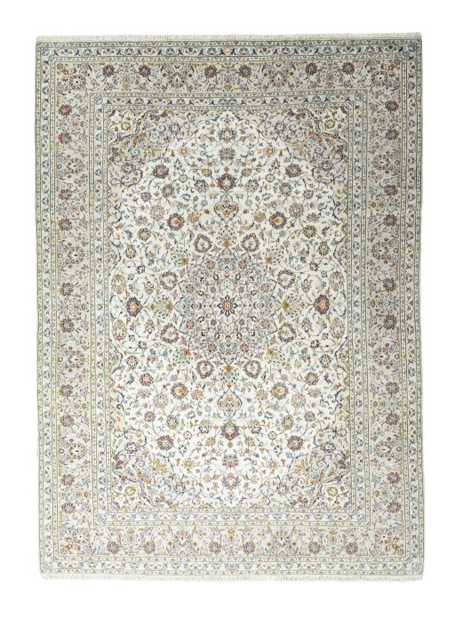 Full view of 2000s Kashan rug from Iran / Persia, 345 × 247 cm in Beige tones