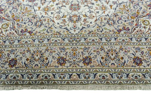 Full view of 2000s Kashan rug from Iran / Persia, 345 × 247 cm in Beige tones