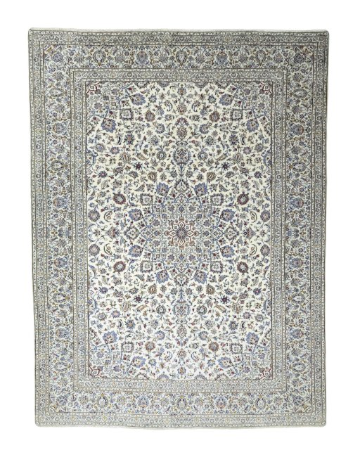 Full view of New Kashan rug from Iran / Persia, 395 × 295 cm in Beige tones